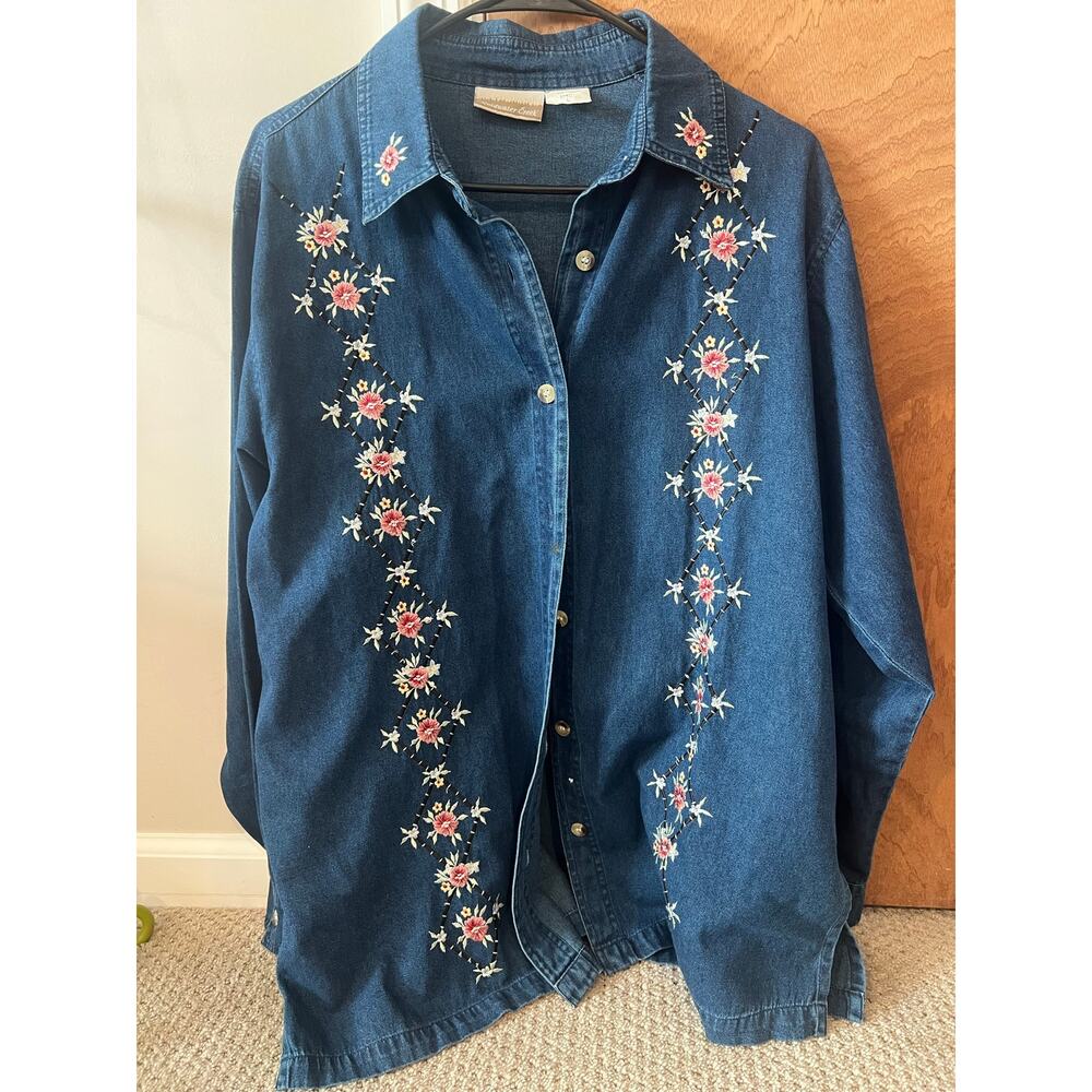 Vintage Denim Floral Embroidered Button Down